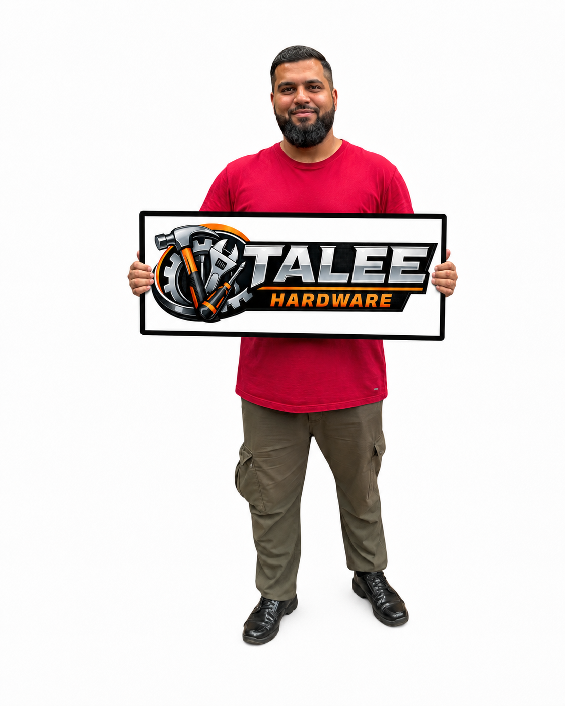 Man standing with talee Hardware sign